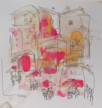 2 kleine Toscana Landschaften Original Zeichnung auf Künstlerpapier 2 x20x20 Acryl farbige Tuschen-