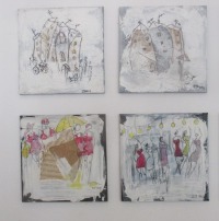 Tanzende Frauen in grau Collage und Zeichnung von Sonja Zeltner-Müller Original 40x40cm magenta 5