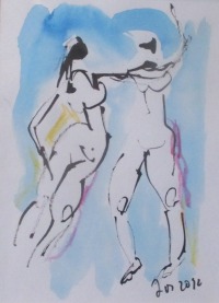 Tanz - elegante Frauen Original Zeichnung in Passepartout 24x30 cm 4
