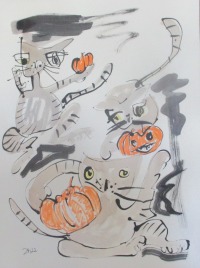2 Halloween Katzen mit Kürbis Zeichnungen 2 Unikate 30x40 Gouache Aquarell Tusche 8