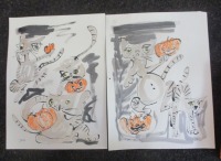 2 Halloween Katzen mit Kürbis Zeichnungen 2 Unikate 30x40 Gouache Aquarell Tusche 6
