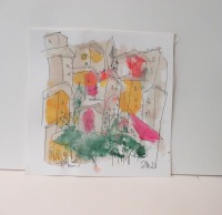 2 kleine Toscana Landschaften Original Zeichnung auf Künstlerpapier 2 x20x20 Acryl farbige Tuschen-