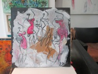 Tanzende Frauen in pink Collage und Zeichnung von Sonja Zeltner-Müller Original 40x40cm magenta 3