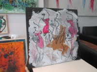 Tanzende Frauen in pink Collage und Zeichnung von Sonja Zeltner-Müller Original 40x40cm magenta 4
