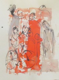 Leute mit Fahrrad Original Zeichnung beigem Künstlerpapier - mit Bambusfeder - farbige Tuschen -