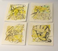 4 gelbe Katzen 4 expressive Original Zeichnungen auf Papier Tusche -4 x je 20x20 cm 6