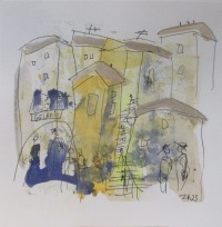 2 kleine Städte Italien Original Zeichnung auf Künstlerpapier 2 x20x20 Acryl farbige Tuschen- 3