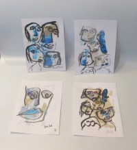 blaue Portraits - Original expressive 4 originale Zeichnung Tusche Gouache Aquarell je 21x14 2