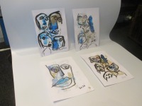 blaue Portraits - Original expressive 4 originale Zeichnung Tusche Gouache Aquarell je 21x14 3