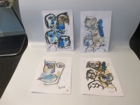 blaue Portraits - Original expressive 4 originale Zeichnung Tusche Gouache Aquarell je 21x14 4