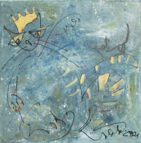 blaue lustige Katze als König Original, Malerei, 90x90cm Leinwand Kunst