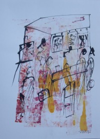 Kunstmarkt - Original Zeichnung beigem Künstlerpapier - mit Bambusfeder - farbige Tuschen -