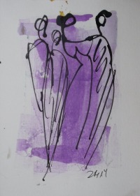 Frauen - Original Zeichnung auf Künstlerpapier 21x14cm mit Bambusfeder - farbige Tuschen-violett -
