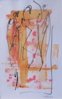 Frauen in orange Original Zeichnung auf Künstlerpapier - 32x24cm in PP 30x40 mit Bambusfeder -