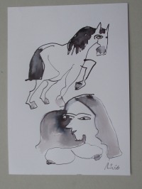 Akt mit Pferd in Original-Zeichnung 30x21 cm auf Papier Acryltusche 2