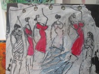 Tanzende Frauen in pink 2 Collage und Zeichnung von Sonja Zeltner-Müller Original 40x40cm magenta 4