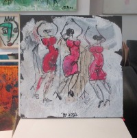 Tanzende Frauen in pink 3 Collage und Zeichnung von Sonja Zeltner-Müller Original 40x40cm magenta 4