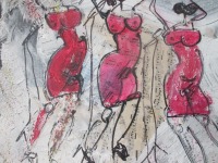 Tanzende Frauen in pink 3 Collage und Zeichnung von Sonja Zeltner-Müller Original 40x40cm magenta 3