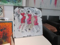 Tanzende Frauen in pink 3 Collage und Zeichnung von Sonja Zeltner-Müller Original 40x40cm magenta 2