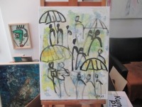 Schirme im Regen expressive Leinwand / Zeichnung 40x30 cm auf Leinwand original 3