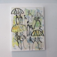 Schirme im Regen expressive Leinwand / Zeichnung 40x30 cm auf Leinwand original 2