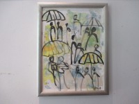Schirme im Regen expressive Leinwand / Zeichnung 40x30 cm auf Leinwand original 6