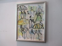 Schirme im Regen expressive Leinwand / Zeichnung 40x30 cm auf Leinwand original 7