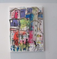 die Farben Italiens, cinqueterre expressive Häuser mit Menschen, expressive Malerei 40x30 cm mit