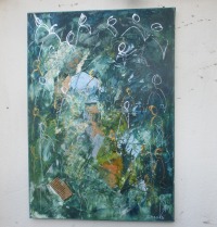 abstrakte Menschen in grün-blau 100x70 cm Ölmalerei Collage expressive Malerei 2