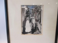 abstrakte Menschen in Gasse Original-Zeichnung 28x24 cm im Rahmen Acryltusche 4