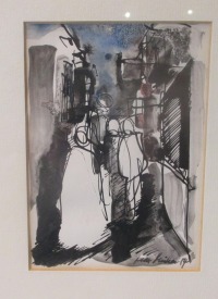 abstrakte Menschen in Gasse Original-Zeichnung 28x24 cm im Rahmen Acryltusche