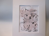 Katze mit rosa Original Zeichnung in Passepartout 24x30 cm 2