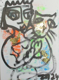 expressive Königin mit Katze, Leinwand / Zeichnung 40x30 cm auf Leinwand original