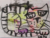 Neon Katze Original-Malerei auf 30x40 cm Leinwand, Öl und Acryl
