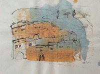 xl kleines Italien Dorfszene expressive Zeichnung Unikat 40x30cm Feder-Zeichnung Aquarell Tusche