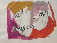 Jazz-Fische Musik, xlZeichnung Unikat 40x30cm Feder-Zeichnung Aquarell Tusche 2