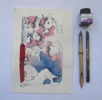 Akte mit Esel Original-Zeichnung 30x21 cm auf Papier Acryltusche