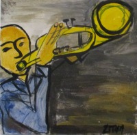 Trompeter Jazz Mischtechnik in blau grün by Sonja Zeltner-Müller