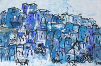 blue city Painting, 112x165 cm Art, abstract Canvas, Original by Sonja Zeltner-Müller