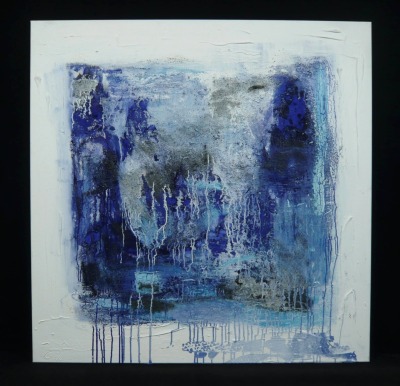 blaues Pigmentbild 120x120x6 cm Acryl Materialbild informele Malerei
