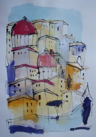 Urlaubsbild Italien Toscana expressive Zeichnung Unikat 59x42 Aquarell Zeichnung Gouache Tusche