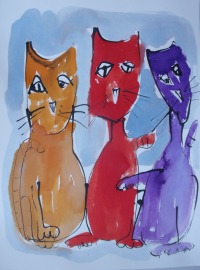 drei Katzen, xlZeichnung Unikat 40x30cm Feder-Zeichnung Aquarell Tusche