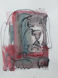 dicker Hund - Zeichnung 32x24cm expressive Tusche -Zeichnung Aquarell