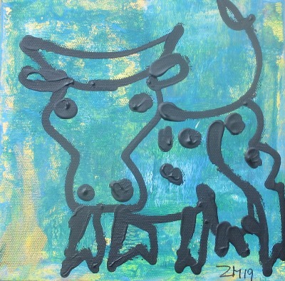 kleine blaue Kuh Original-Zeichnung Acryl Leinwand / Zeichnung free shipping catart