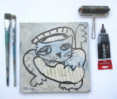 grumpy Cat in blackandwhite Original Mixed Media 30x30cm Acryl / schwarze Leinwand / Zeichnung