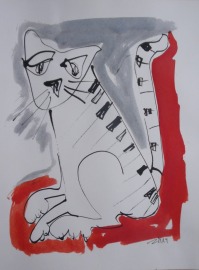 Jazz-Katze Musik, xlZeichnung Unikat 40x30cm Feder-Zeichnung Aquarell Tusche