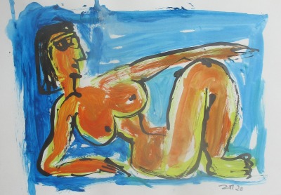 Frau mit blau - Original Zeichnung auf Künstlerpapier - 21x30cm mit Bambusfeder