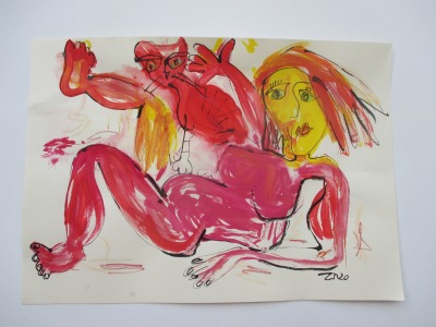 rote Frau mit Katze expressive Zeichnung Unikat 59x42 Aquarell Zeichnung Gouache Tusche