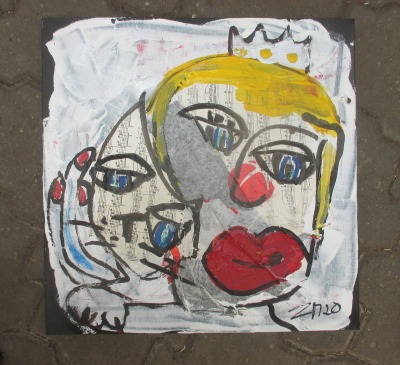 expressive Königin mit Katze Collage schwarze Leinwand Acrylmalerei 40x40 cm