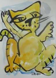 yellow cat Zeichnung 30x21 Feder-Zeichnung Aquarell Tusche Landschaft